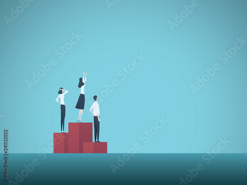 Business winner vector concept with businesswoman on podium. Symbol of leadership, strength, power and success.
