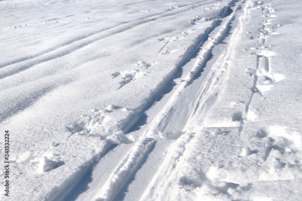 tracks of ski touring on the snow 