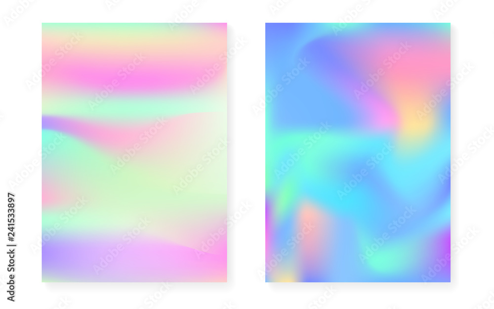 Holographic gradient background set with hologram cover. 90s, 80s retro style. Iridescent graphic template for book, annual, mobile interface, web app. Colorful minimal holographic gradient.