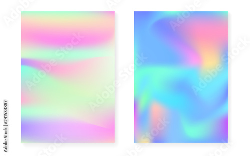 Holographic gradient background set with hologram cover. 90s, 80s retro style. Iridescent graphic template for book, annual, mobile interface, web app. Colorful minimal holographic gradient. © Holo Art