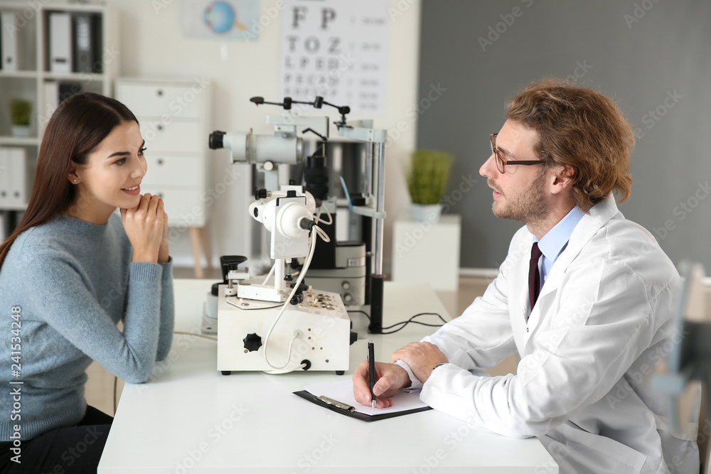 Young woman visiting ophthalmologist in clinic Young woman visiting ophthalmologist in clinic