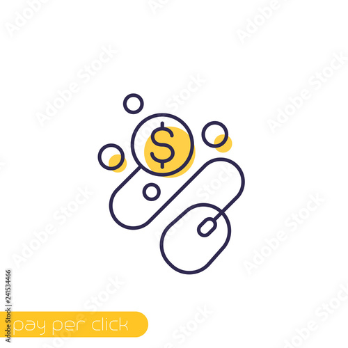 pay per click, ppc icon with mouse and coin, line vector