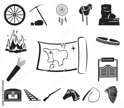 Attributes of the wild west black icons in set collection for design.Texas and America vector symbol stock web illustration.