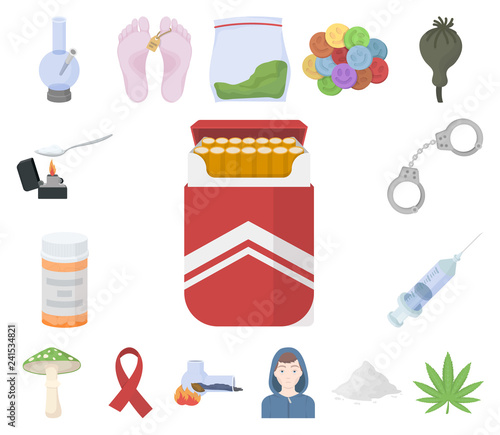Drug addiction and attributes cartoon icons in set collection for design. Addict and Drug vector symbol stock web illustration.