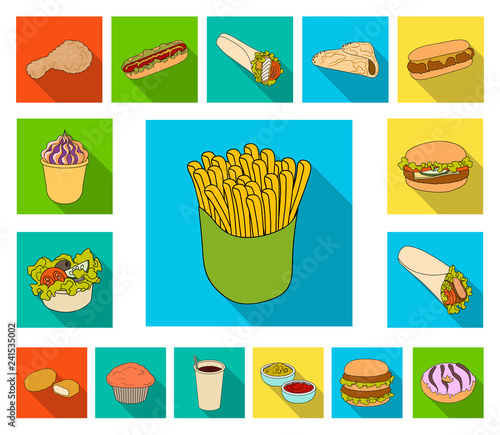 Fast food flat icons in set collection for design.Food from semi-finished products vector symbol stock web illustration.