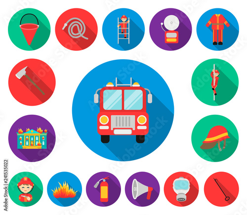 Fire Department flat icons in set collection for design. Firefighters and equipment vector symbol stock web illustration.