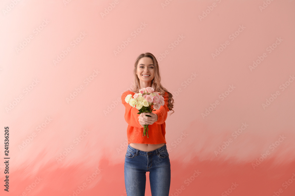 Beautiful young woman with bouquet of flowers on color background Beautiful young woman with bouquet of flowers on color background