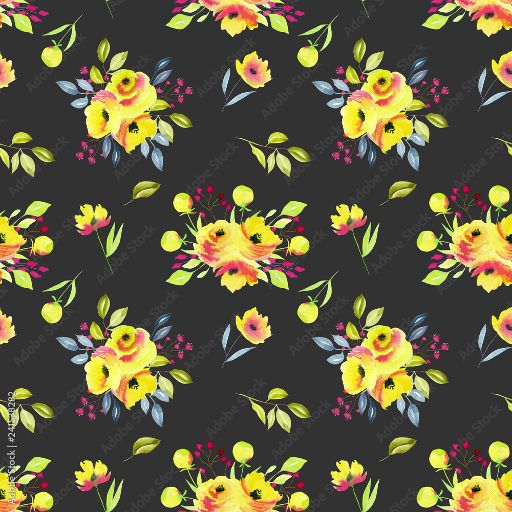 Watercolor yellow roses bouquets seamless pattern