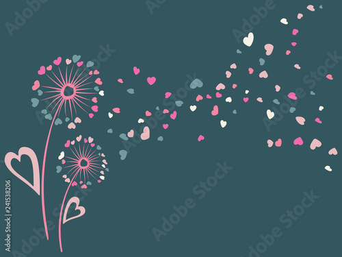Blue and pink dandelion flowers summer vector card. Heart shaped feather fluff, leaves, abstract flying petals. Meadow blow ball illustration, feelings and relationships concept. Love symbols design. 