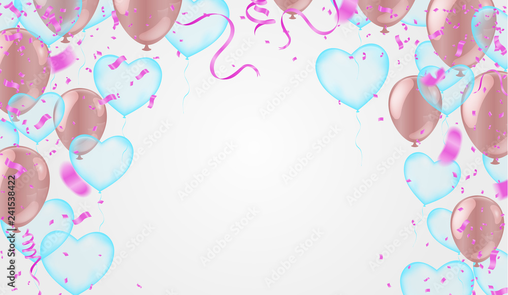 Valentine's day ,Template Realistic Air Balloons in the Form of Heart. Vector Illustration with Confetti and Serpentine