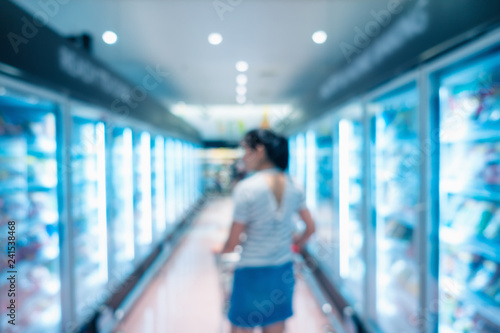 Abstract blurred supermarket grocery store and refrigerators in department store., Woman is choosing products something with her cart in interior shopping mall defocused background., Business food