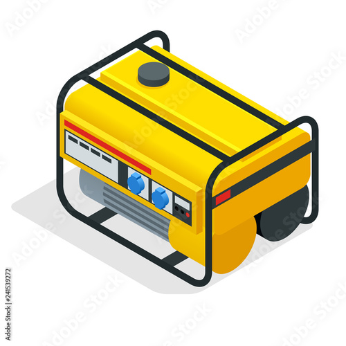 Isometric yellow Gasoline Generator. industrial and home immovable power generator. Diesel electric generator on outdoor vector illustration