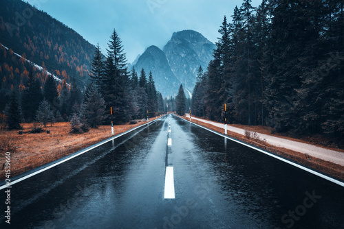 Road in the autumn forest in rain. Perfect asphalt mountain road in overcast rainy day. Roadway with reflection and pine trees in italian alps. Transportation. Empty highway in foggy woodland. Trip photo