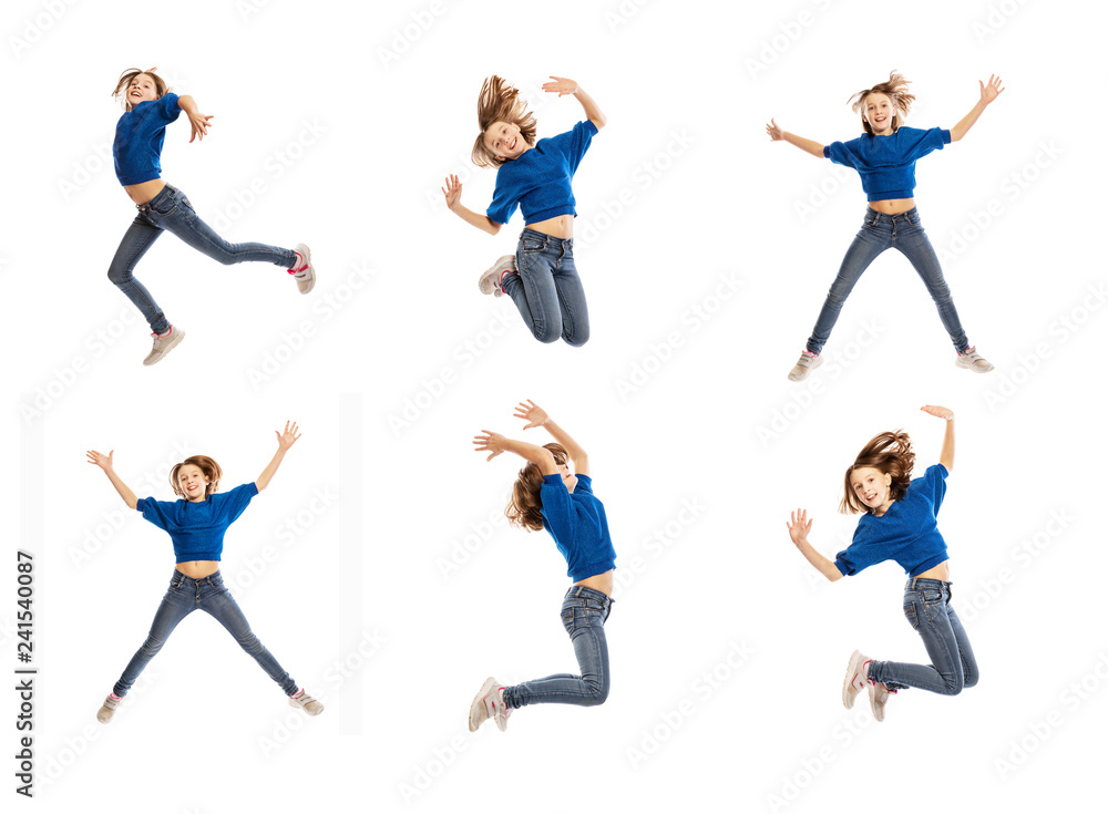 Cute teen girl in a jump, collage, isolated on white background