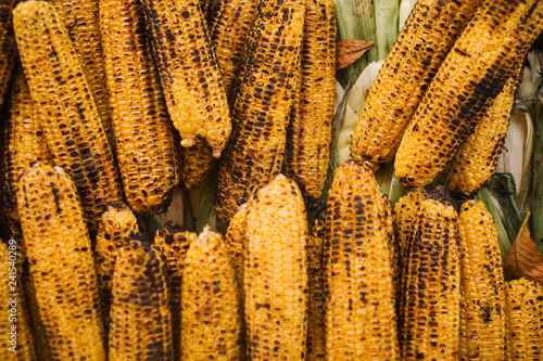Photography Grilled roasted corn Street Food Market Closeup