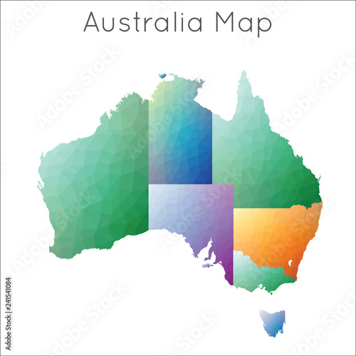 Low poly map of Australia in a geometric, mosaic style, highlighting its unique shape.