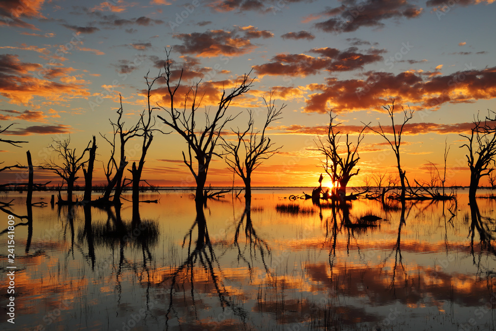 Naklejka premium Refleksje zachodzącego słońca nad jeziorem Menindee w Australii