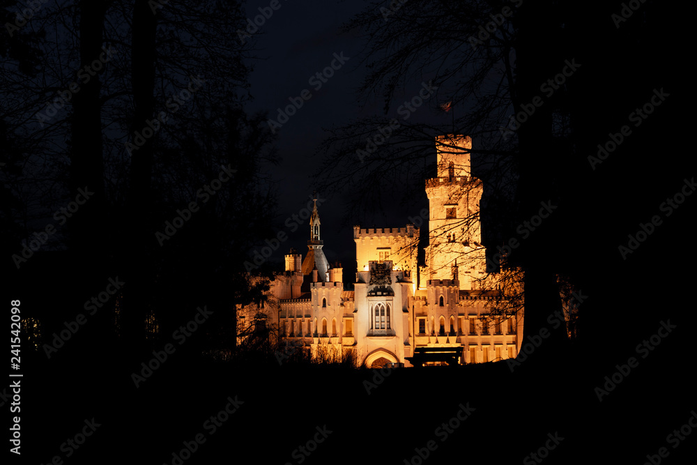 Night over Castle Hluboka nad Vltavou in Czech republic.