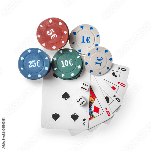 Chips with cards and dices for poker game on white background