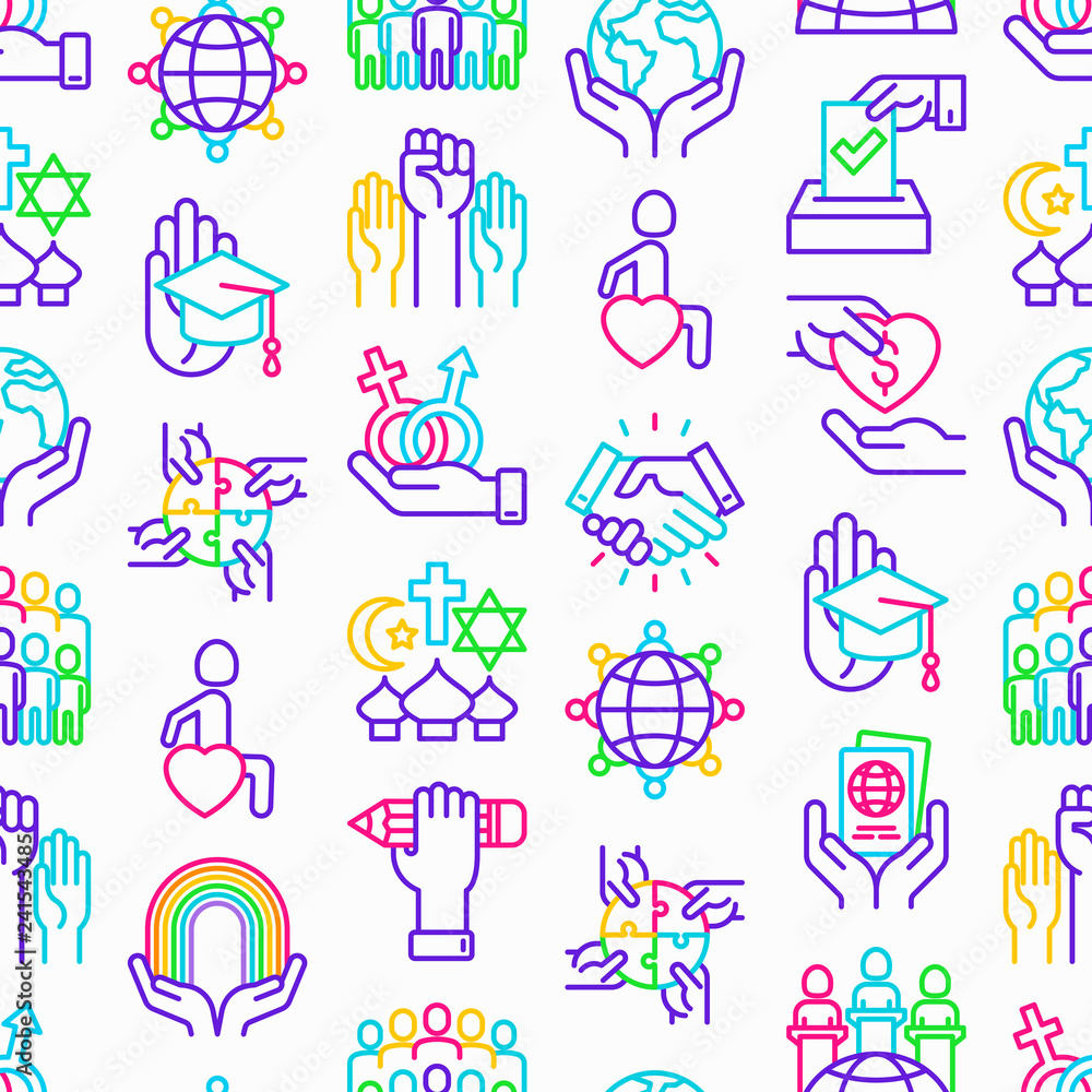 Tolerance seamless pattern with thin line icons: gender, racial, national, religious, sexual orientation, educational, interclass, for disability, respect, human rights, democracy. Vector illustration