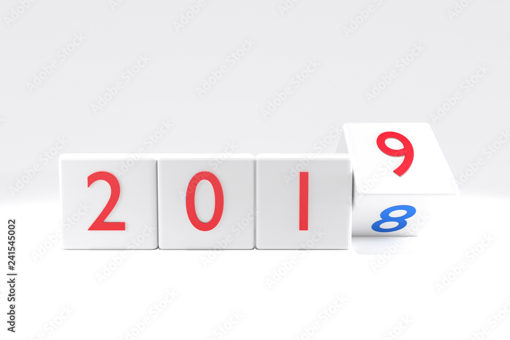 3D Rendering : illustration of 2018-2019 dice on white background. changing time of new year. new year 2019 concept. beginning time. 3D Rendering : illustration of 2018-2019 dice on white background. changing time of new year. new year 2019 concept. beginning time.