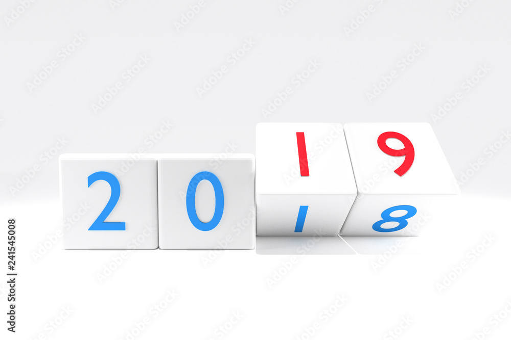 3D Rendering : illustration of 2018-2019 dice on white background. changing time of new year. new year 2019 concept. beginning time. 3D Rendering : illustration of 2018-2019 dice on white background. changing time of new year. new year 2019 concept. beginning time.