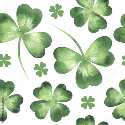 Watercolor clover leaves, shamrock, trefoil, quarterfoil vector seamless repeat pattern. St. Patrick Day painted watercolour spring background.