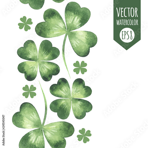 Vertical seamless border, frame made of green watercolor vector clover leaves, shamrock, trefoil, quarterfoil. St. Patrick's Day watercolour design element, template for cards, greetings.