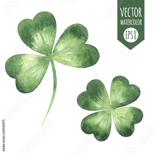 Clover leaves set - quarterfoil and  trefoil. Watercolor realistic shamrock vector spring illustration. St. Patrick's Day watercolour design element, template for cards, greetings, banners.
