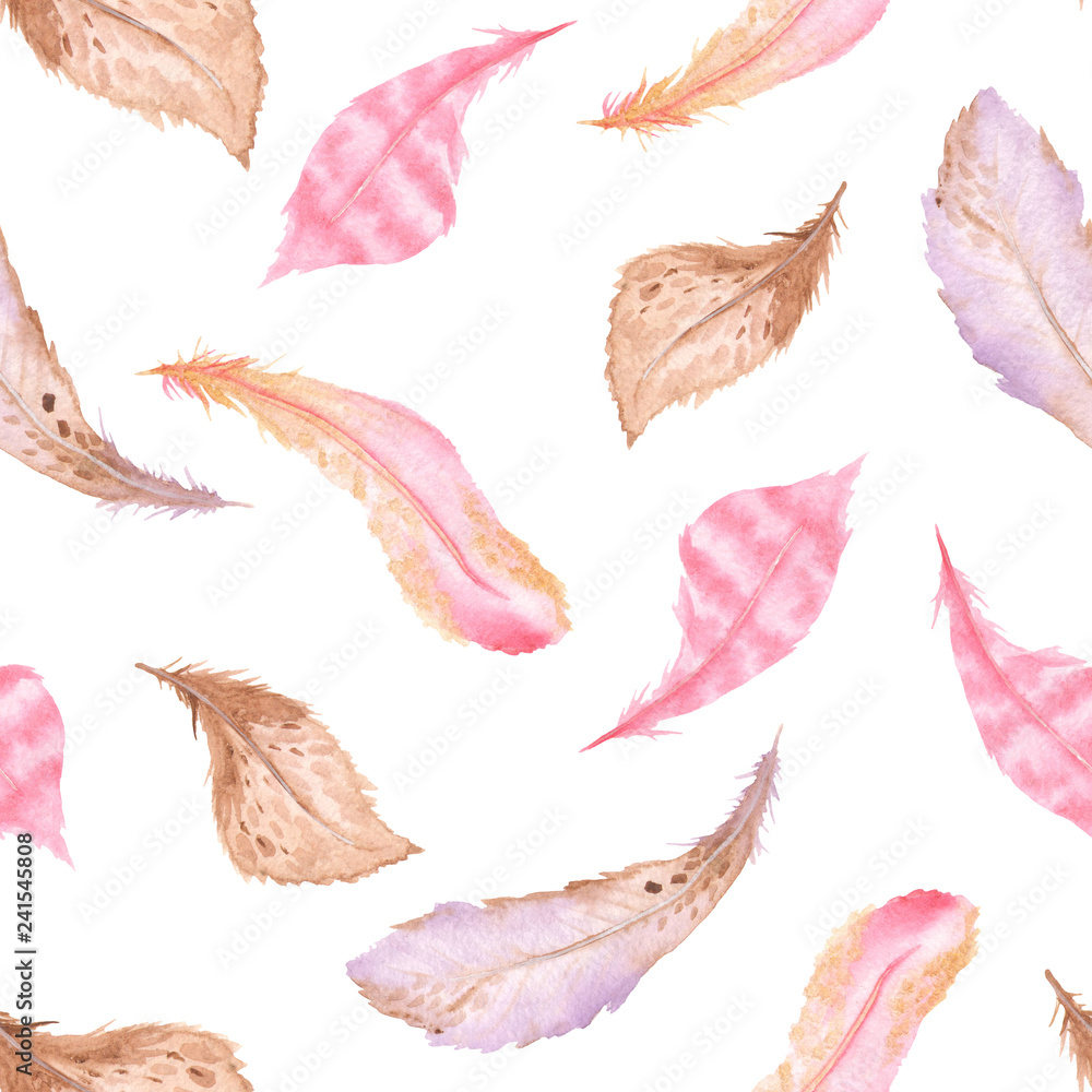 Watercolor seamless pattern of pink, brown, gold feathers. Texture for wedding, valentine's day, romantic design, love, wallpaper, scrapbooking.