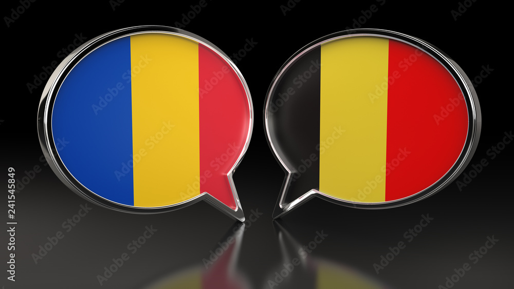 Fototapeta premium Romania and Belgium flags with Speech Bubbles. 3D illustration