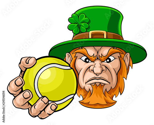A leprechaun tennis sports mascot holding a ball 