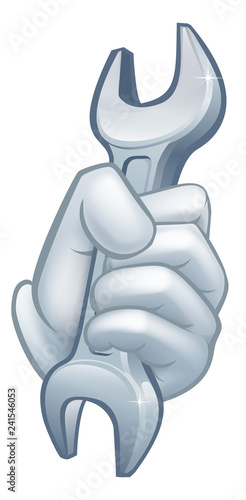 A hand holding a spanner tool icon concept