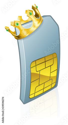 A mobile phone sim card cartoon character mascot wearing a gold king crown