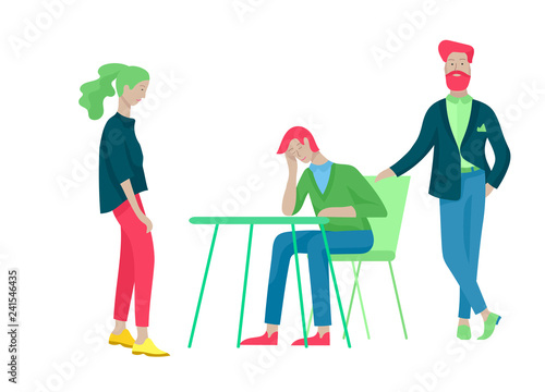 Businessmen making handshake, business etiquette, merger concepts office workers, clerks or managers talking to each other, discussing, depressed Tired male and female office workers sitting, sleeping
