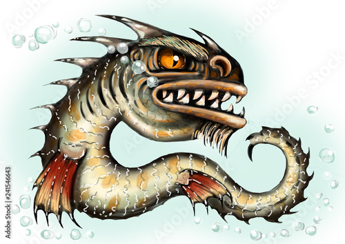 Sea monster water dragon fish mutant. Scary deep demon. Evil bloodthirsty character in Halloween. Color illustration.