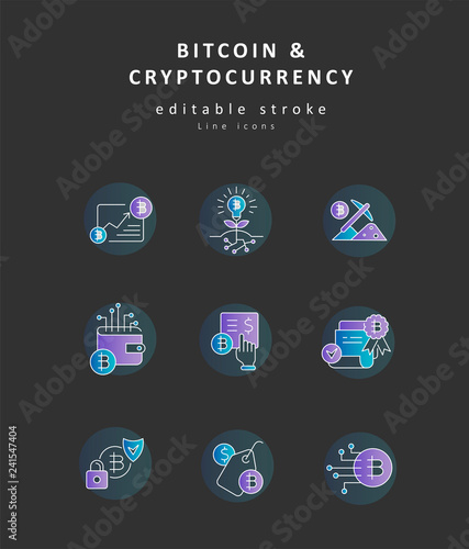 Vector icon and logo bitcoin and cryptocurrency. Editable outline stroke size. Line flat contour, thin and linear design. Simple icons. Concept illustration. Sign, symbol, element.