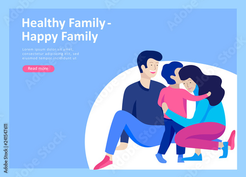 Landing page templates happy family, travel and psychotherapy, family health care, goods entertainment for mother father and their children. Parents with daughter and son have fun togethers