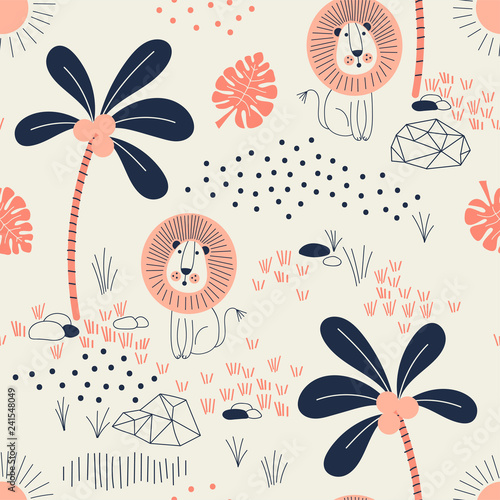 wild savannah park with lion and palm tree pattern, safari seamless background, summer kids and nursery fabric textile print