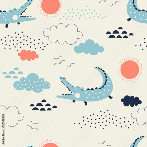 wild savannah with cute allegator pattern, safari seamless background, summer kids and nursery fabric textile print
