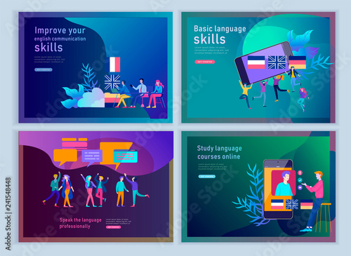 Set of Landing page templates for Online language courses, distance education, training. Language Learning Interface and Teaching Concept. Education Concept, training young people. Internet students