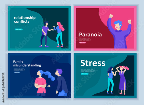 Set of Landing page templates for psyhology mental problems, depression panic attacks, paranoia anger control, relationship family conflict, stress and misunderstanding, group psychotherapy character