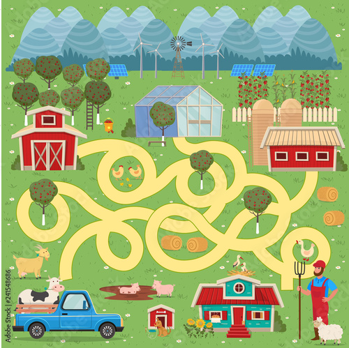 Cartoon map with farm. Vector funny maze game.
