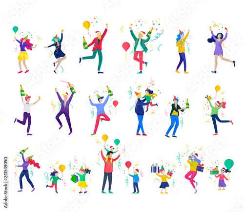 Happy Christmas Day Celebrating together happy. Group of cartoon people in Santa hats and children. Jump and throw gift. Merry Christmas and Happy New Year or birthday party friends character