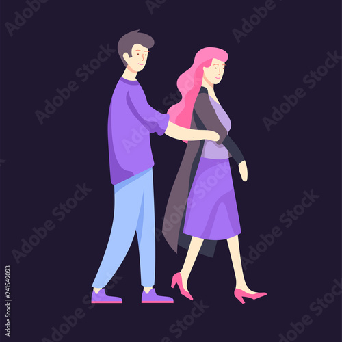 Vector people character walking on the street in autumn or winter clothes, friends and couples. Colorful Group of male and female flat cartoon characters