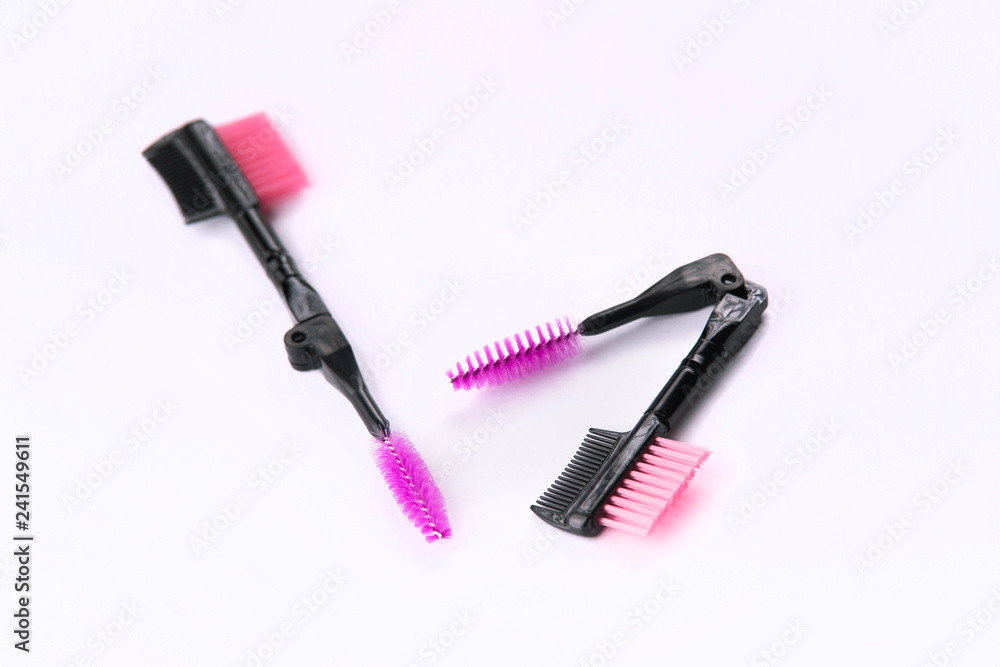 Brushes and tools for building and caring for eyelashes. On a white background. Materials for eyelash extension. Brushes, accessories for eyelash extensions.