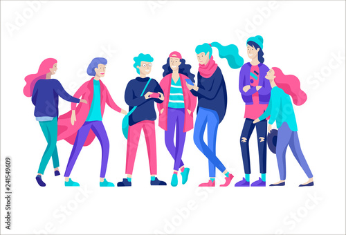 Vector people happy friends character. Group of teenagers in winter or autumn trendy clother, with gadgets are walking and chatting. Colorful flat concept illustration.