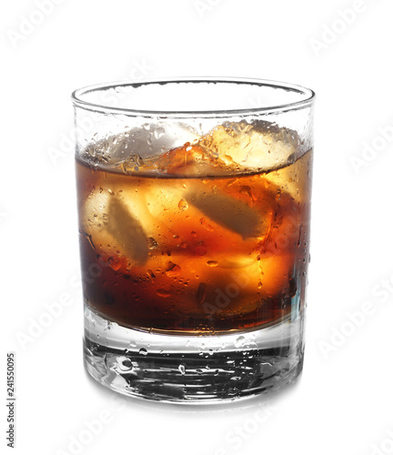 Glass of tasty soda with ice on white background