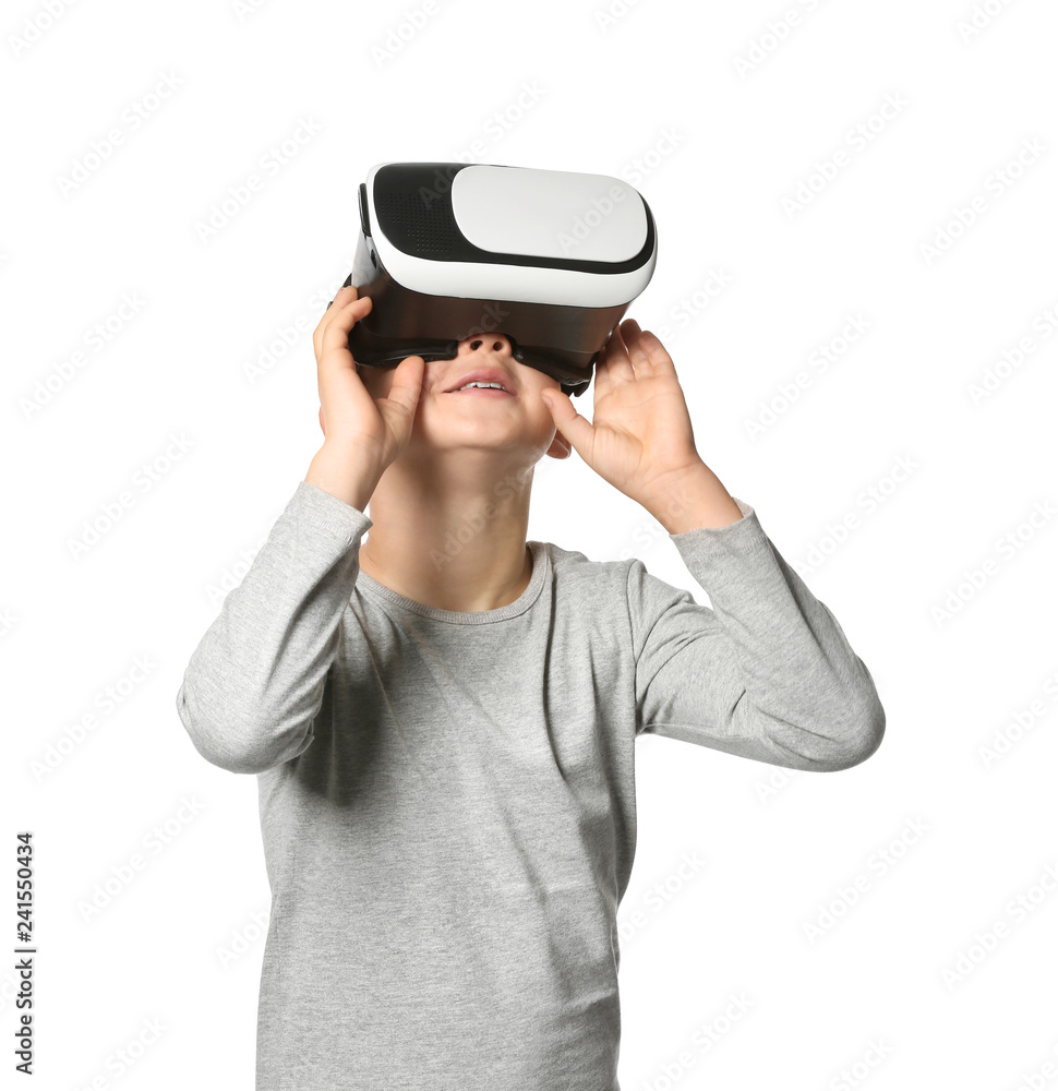 Cute boy with virtual reality glasses on white background Cute boy with virtual reality glasses on white background