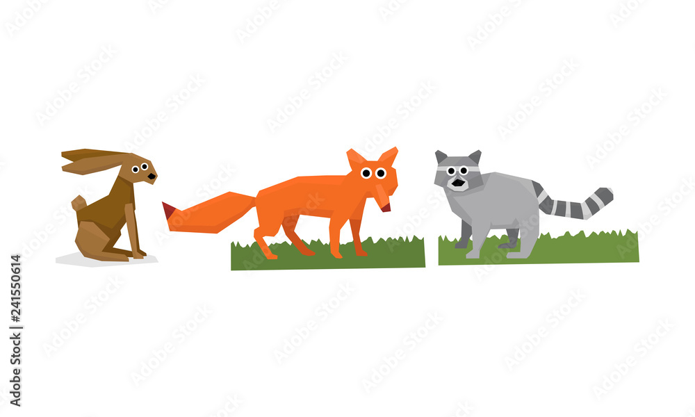 Collection of cute geometric animals, hare, fox, raccoon vector Illustration Collection of cute geometric animals, hare, fox, raccoon vector Illustration